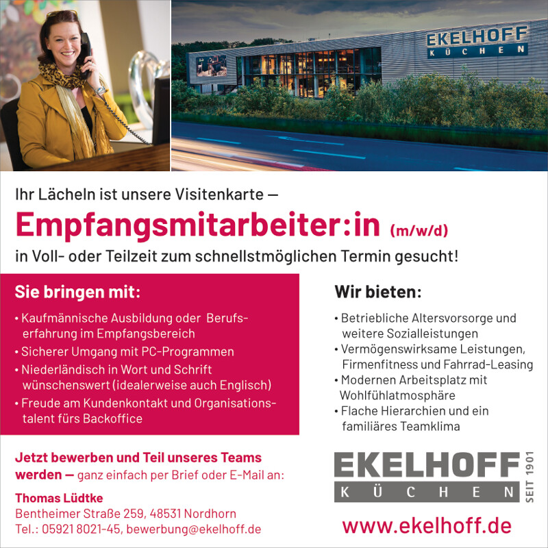 Wir suchen eine:n Empfangsmitarbeiter:in  (m/w/d) in Voll- oder Teilzeit zum schnellstmöglichen Termin. Ekelhoff Küchen, Nordhorn.