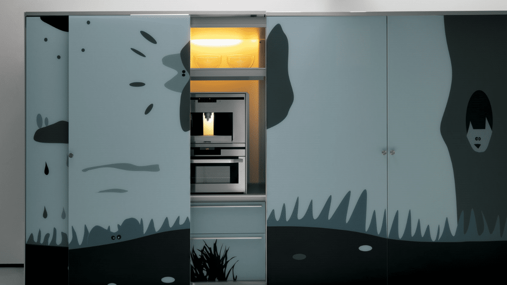 Außergewöhnliche italienische Designerküche. Kunstreproduktion auf Glas. Valcucine artematica Vitrum. Jetzt Valcucine Ausstellungsküchen Sale bei Ekelhoff in Nordhorn