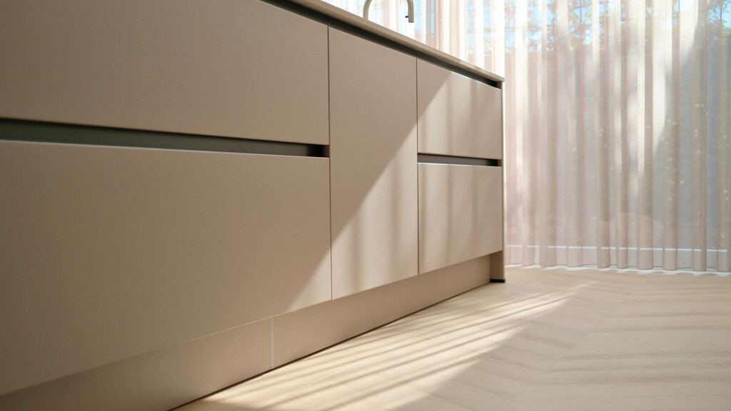 Beige Küche mit Kochinsel und Schrankwand. Realisiert von Ekelhoff Küchen, fotografiert von ©Jeroen Nieuwhuis