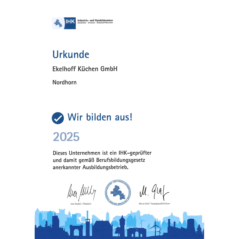 Ekelhoff Küchen ist auch 2025 ein IHK-geprüfter Ausbildungsbetrieb
