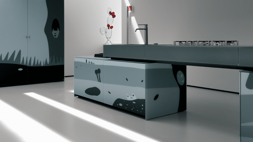 Außergewöhnliche italienische Designerküche. Kunstreproduktion auf Glas. Valcucine artematica Vitrum. Jetzt Valcucine Ausstellungsküchen Sale bei Ekelhoff in Nordhorn