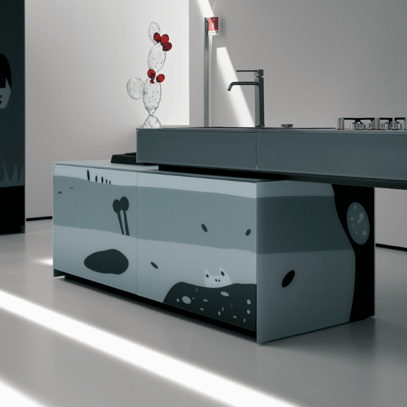 Bijzondere Italiaans designkeuken. Kunstreproductie op glas. Valcucine artematica Vitrum. Nu Valcucine Showroomkeuken Sale Bij Ekelhoff in Nordhorn