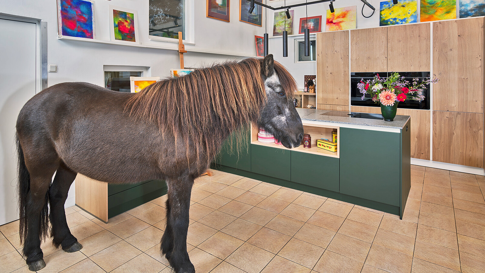 Landelijke groene keuken van Contur met matgroene fronten en fronten in licht eiken fineer. Het keukenblad is van Blue Sky graniet. Het paard van de zorgboerderij staat er speciaal voor onze fotograaf.