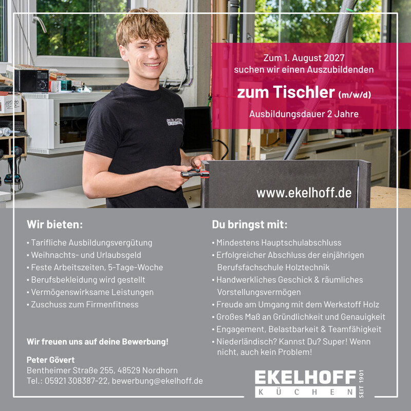 Azubi zum Tischler (m/w/d) für 2027 gesucht.