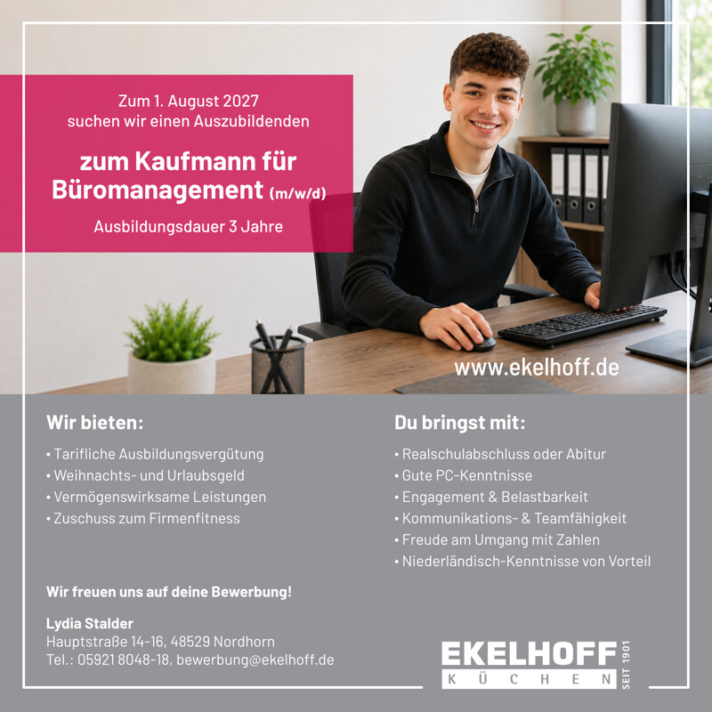 Azubi zum Kaufmann für Büromanagement (m/w/d) für 2027 gesucht.
